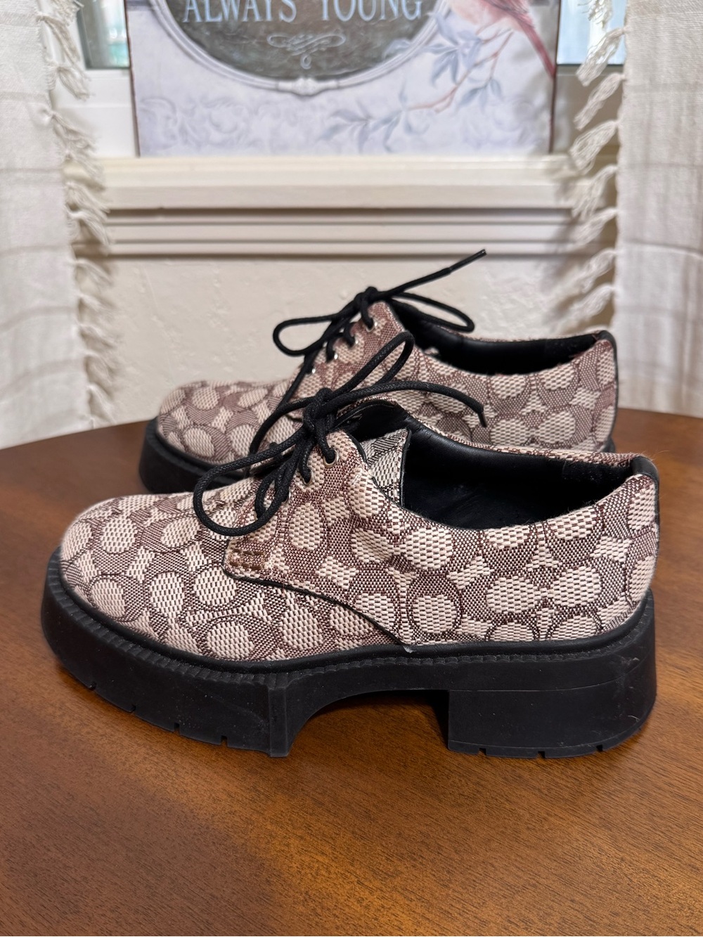 Coach Lyla Platform derby Lace-Up Oxford in Beige & chocolate signature C NWOT